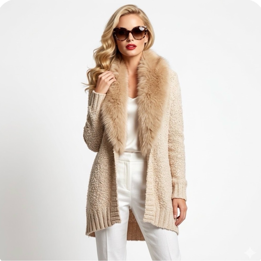 Guess Turning Heads in Hollywood Faux Fur Collar Sweater in Cream - Size Large